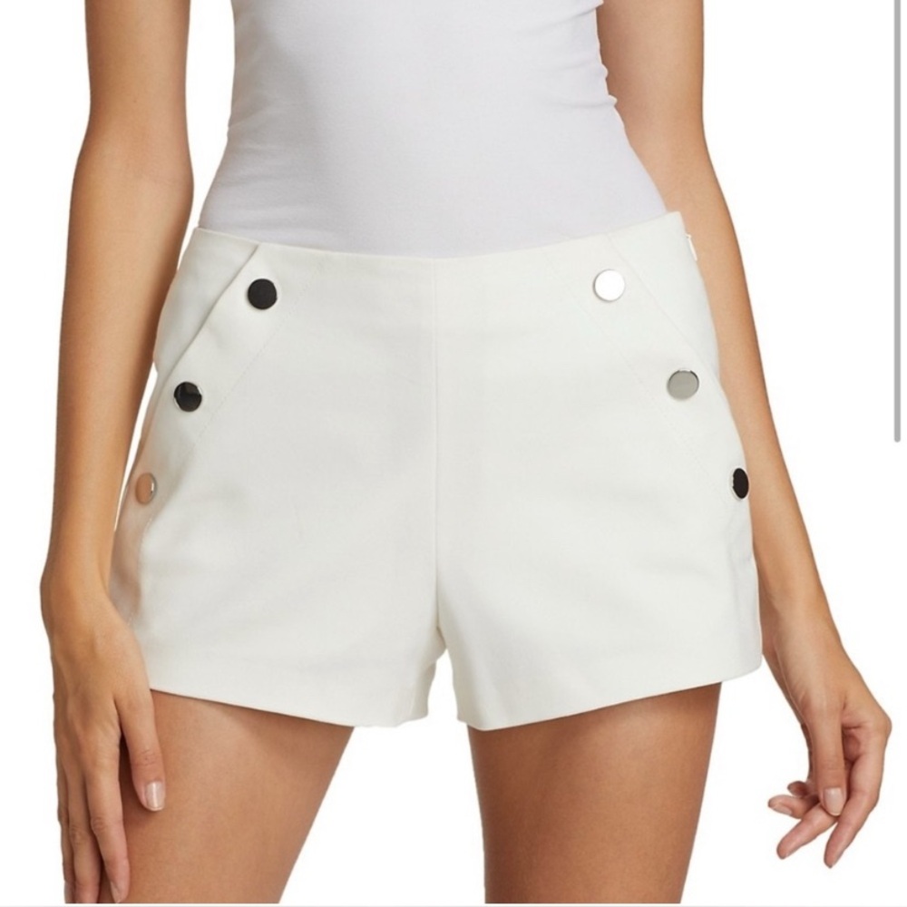 Ramy Brook White High Waist Shorts with Silver Button Detail